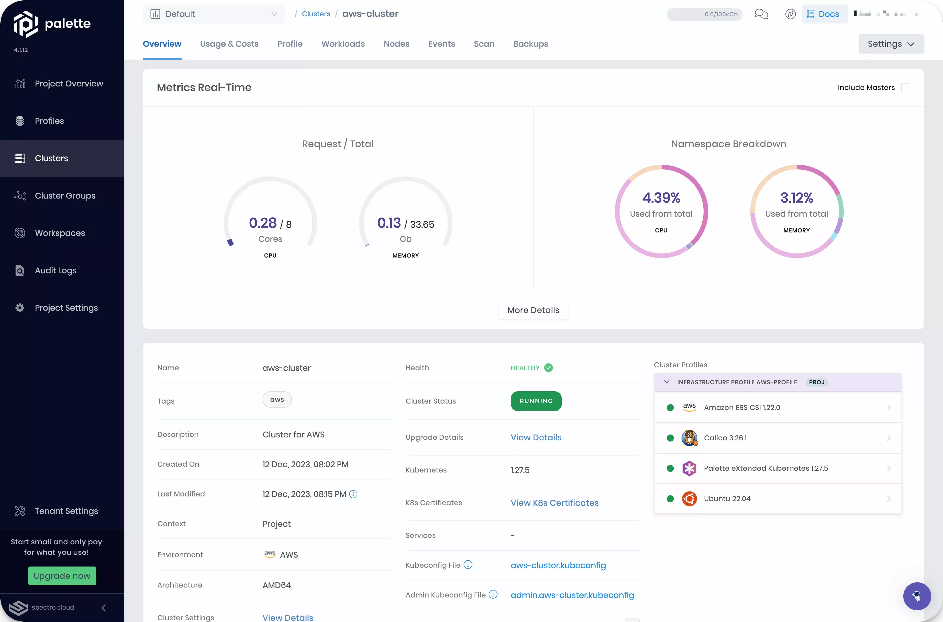 A view of the cluster details page