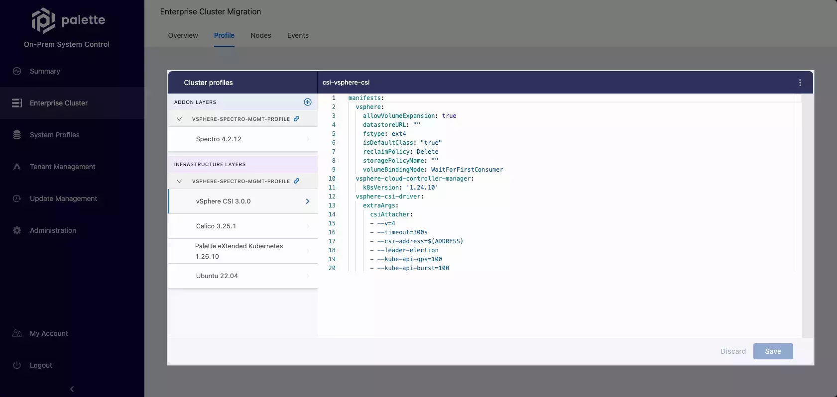 Self-hosted Palette system console with the highlighted Enterprise Cluster profile configuration values.